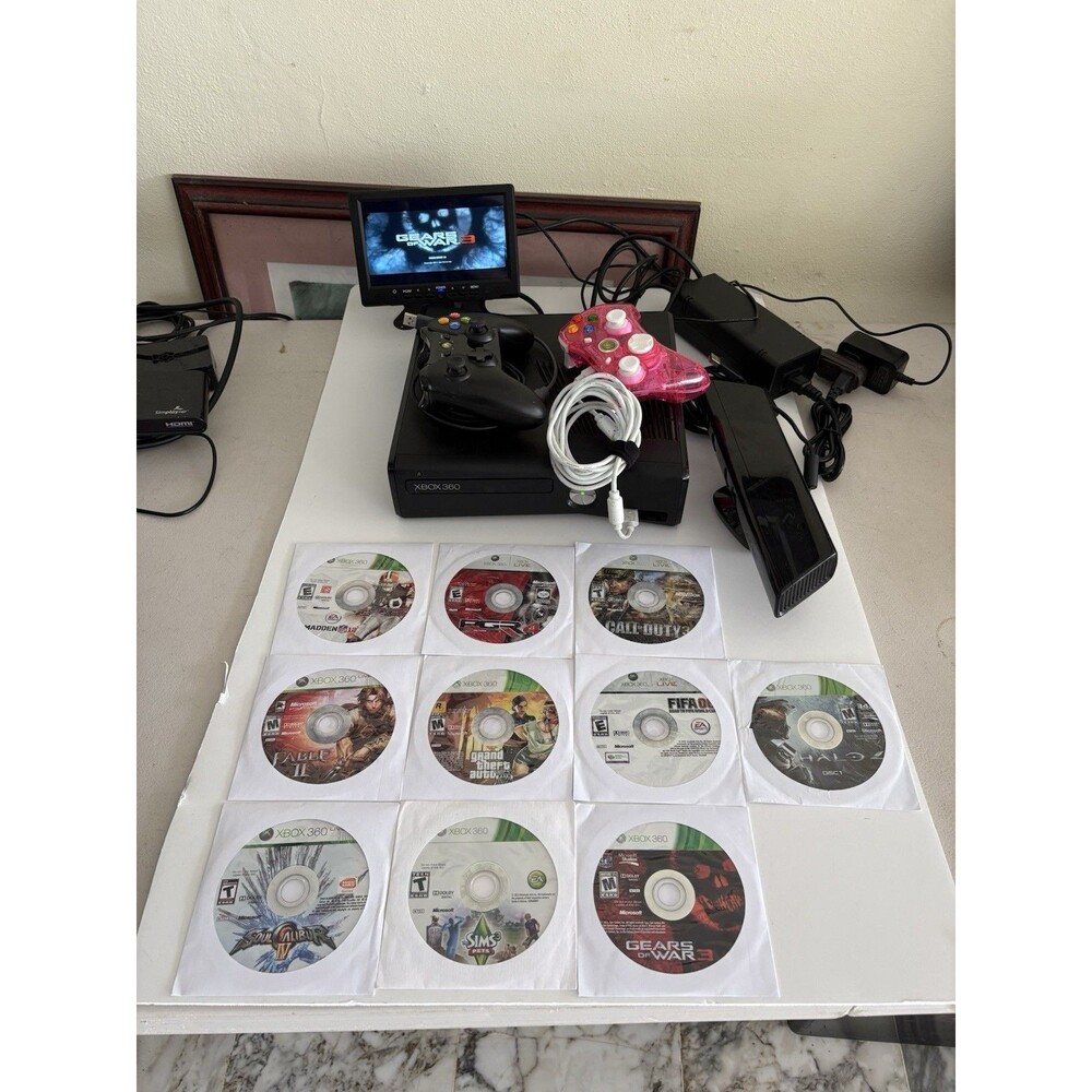 Xbox 360 S Slim 1439 120GB Bundle 2 Controllers Kinect 10 Games Tested Working